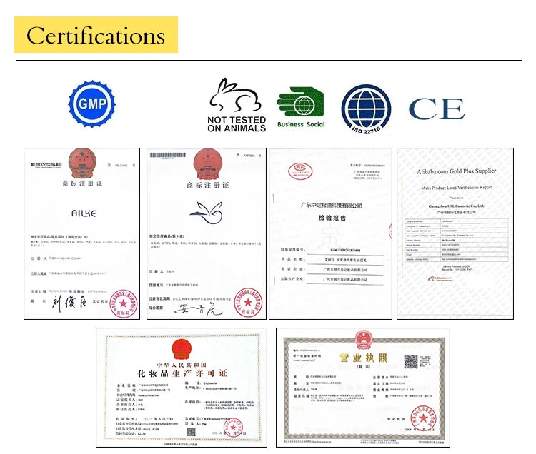 Certifications qualité LKIAE — GMP, CE, non testé sur les animaux