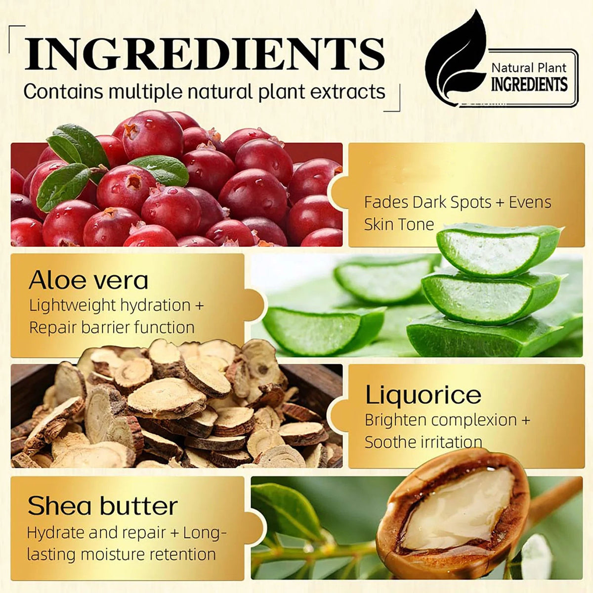 Ingrédients naturels LKIAE ULTRA — canneberge, aloe vera, réglisse, karité