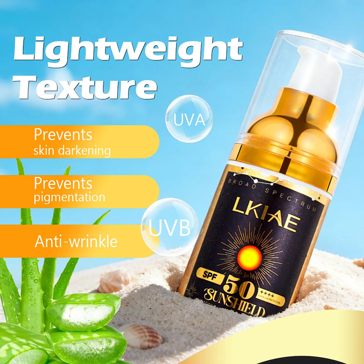 Filtre solaire LKIAE SPF50 — texture légère, anti-taches et anti-âge