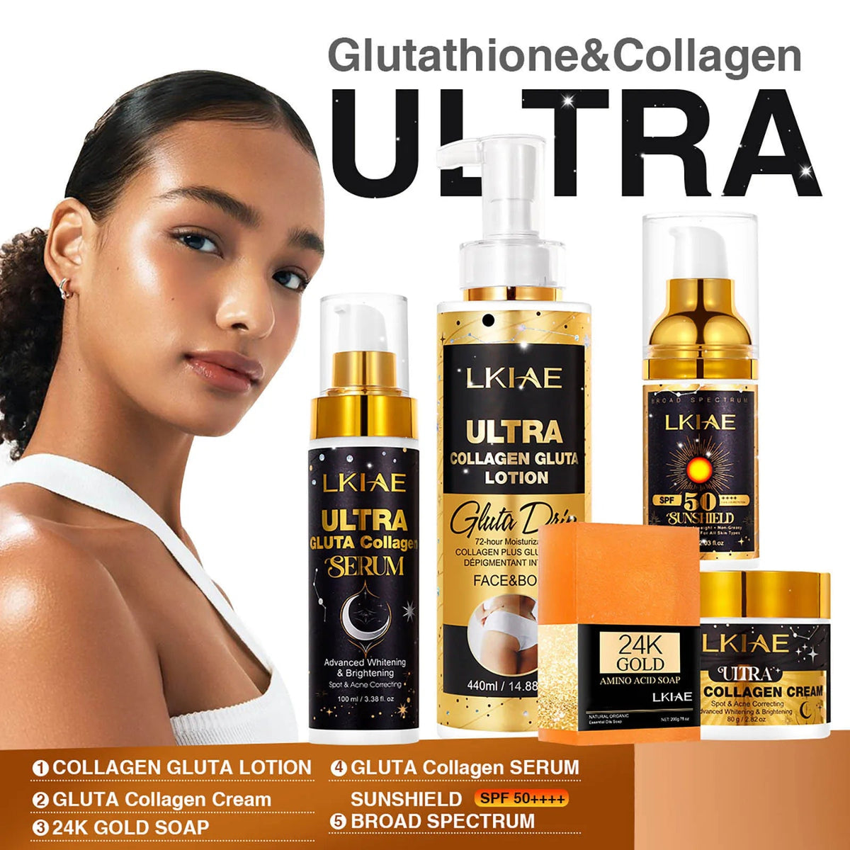 Coffret LKIAE ULTRA 5-en-1 — lotion, sérum, crème, savon, filtre solaire