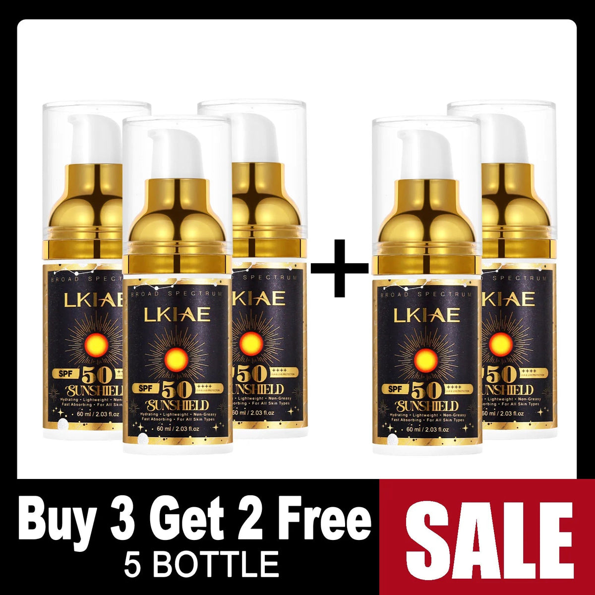 Pack promotionnel 5 filtres solaires LKIAE SPF50 — offre Achetez 3 Obtenez 2