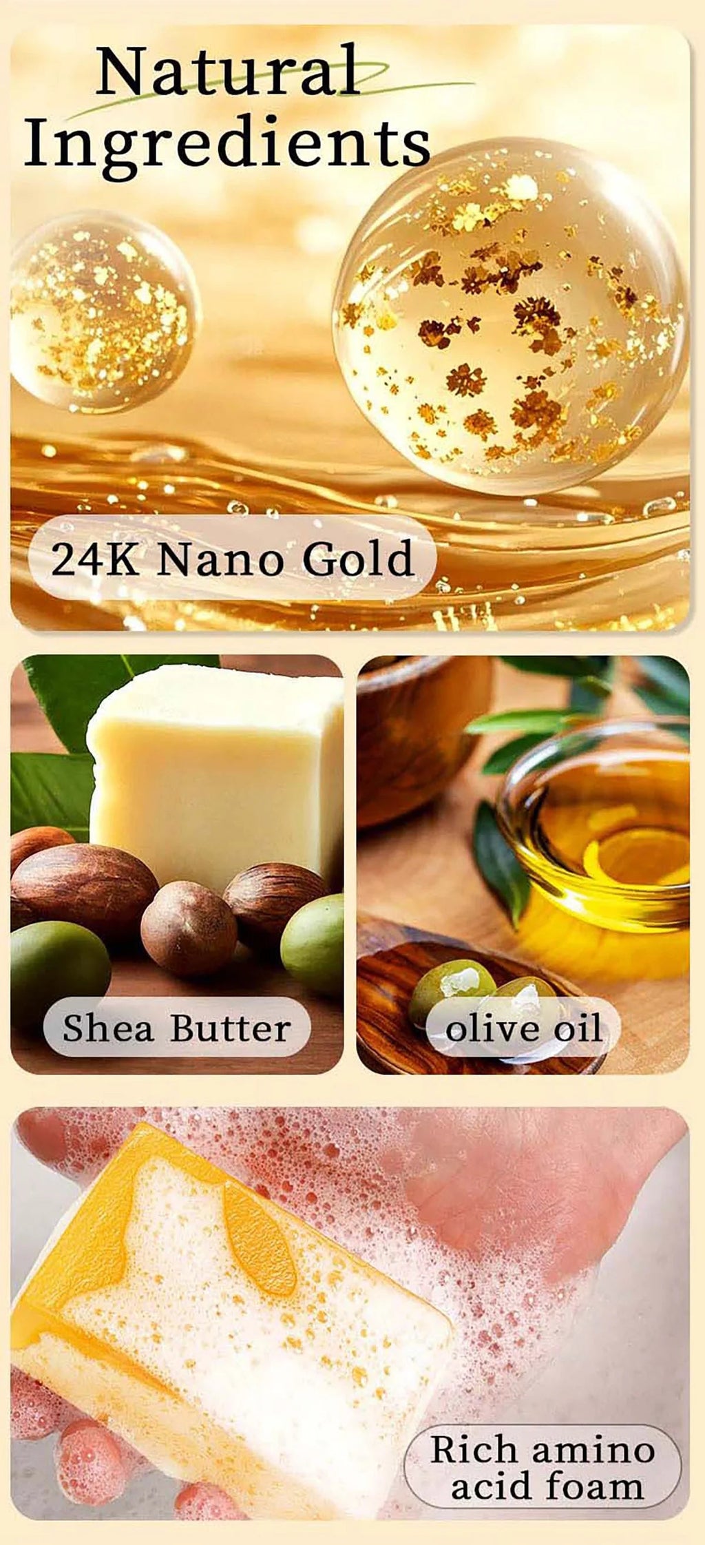Ingrédients LKIAE ULTRA : or nano 24K, beurre de karité, huile d’olive